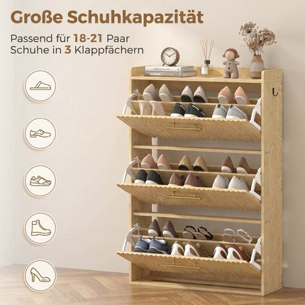 Slim Shoe Cabinet with 3 Flip-Down Drawers for 18 Pairs, Light Brown, 24 cm Deep