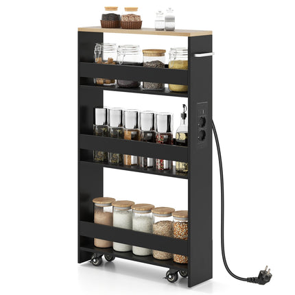Chariot de rangement fin avec station de recharge, 4 niveaux, noir