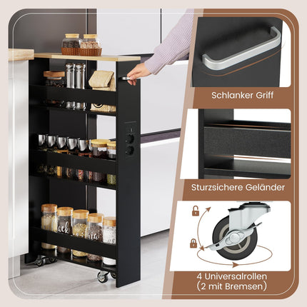 Chariot de rangement fin avec station de recharge, 4 niveaux, noir