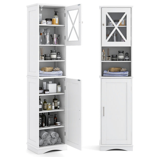 Meuble de salle de bain mince avec 5 étagères réglables et 2 portes, meuble haut indépendant, blanc