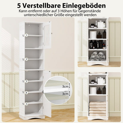 Schmaler Badezimmerschrank mit 5 verstellbaren Einlegeböden &amp; 2 Türen, freistehender Hochschrank, weiß