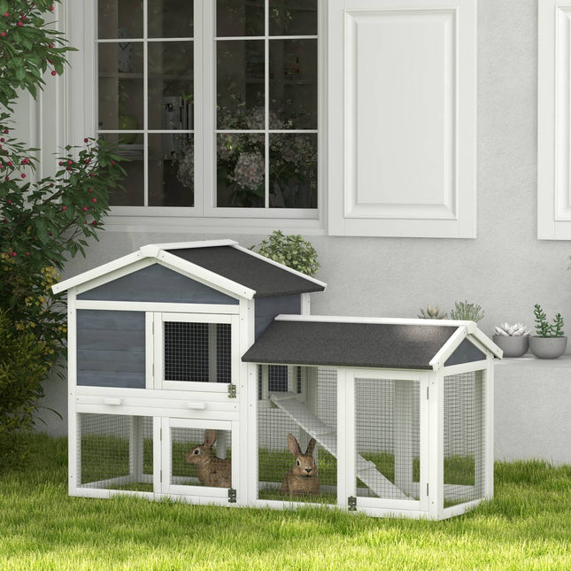 Clapier pour petits animaux avec enclos, en bois de sapin, 147 x 54 x 84 cm, gris
