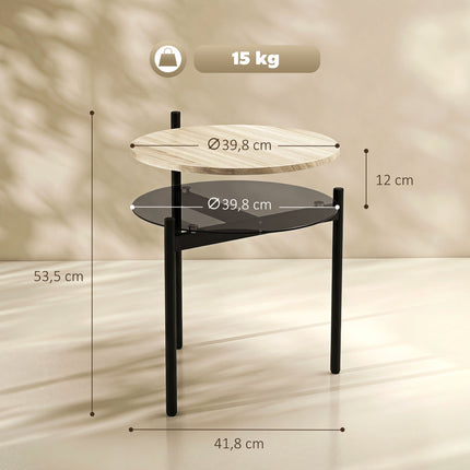 Kleiner Beistelltisch aus Eiche mit offener Glasablage, 41,8 x 39,8 x 53,5 cm