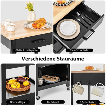 Kleiner Küchenwagen auf Rollen mit Schrank &amp; Schublade &amp; 3 Haken Servierwagen schwarz
