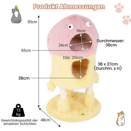 Petit griffoir 93cm de haut arbre à chat thème monstre avec 2 grottes à chat rose + jaune