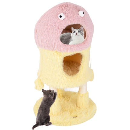 Petit griffoir 93cm de haut arbre à chat thème monstre avec 2 grottes à chat rose + jaune