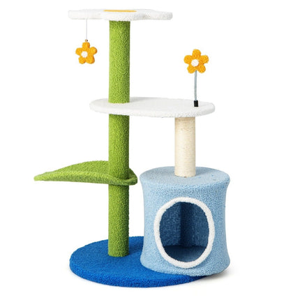 Kleiner Kratzbaum mit blumenförmiger Sitzfläche &amp; 2 Bällen &amp; blattförmigem Kletterturm grün + blau