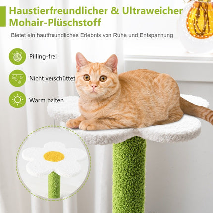 Kleiner Kratzbaum mit blumenförmiger Sitzfläche &amp; 2 Bällen &amp; blattförmigem Kletterturm grün + blau