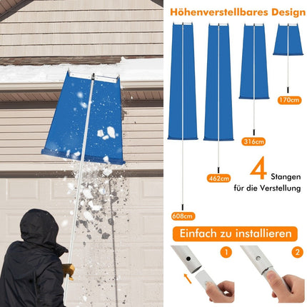 Schneeschieber mit 4-teiliger Stange &amp; praktischen Rädern &amp; rutschfestem Griff Dachrechen Silber