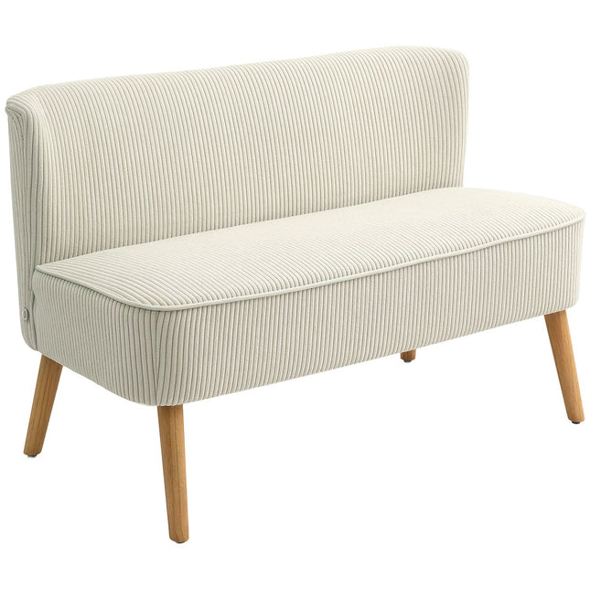 Canapé 2 places moderne sans accoudoirs, canapé rembourré aspect velours côtelé, petit canapé de salon avec pieds en bois pour le salon, 117 x 56,5 x 77 cm, blanc crème