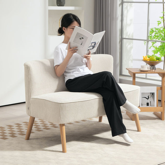 Canapé 2 places moderne sans accoudoirs, canapé rembourré aspect velours côtelé, petit canapé de salon avec pieds en bois pour le salon, 117 x 56,5 x 77 cm, blanc crème