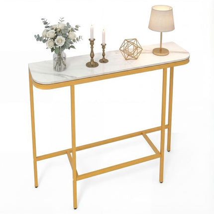 Console de canapé, plateau en faux marbre, structure en métal, 110 cm
