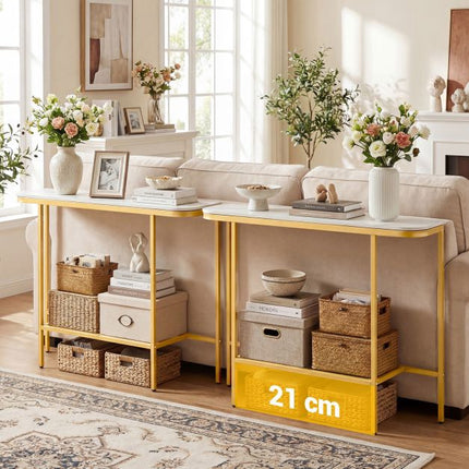 Console de canapé, plateau en faux marbre, structure en métal, 110 cm
