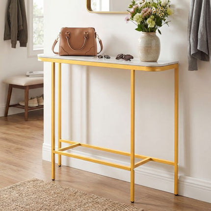 Console de canapé, plateau en faux marbre, structure en métal, 110 cm