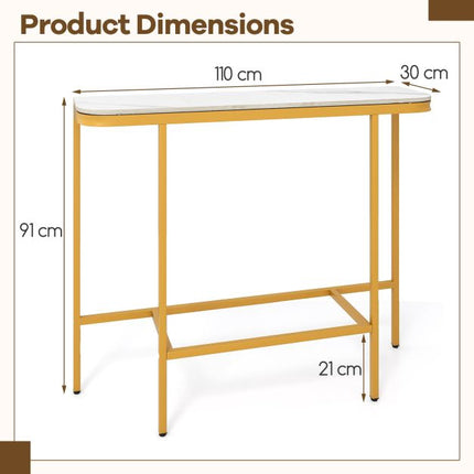Console de canapé, plateau en faux marbre, structure en métal, 110 cm