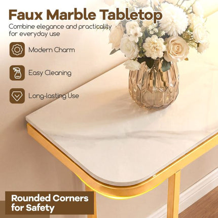 Console de canapé, plateau en faux marbre, structure en métal, 110 cm