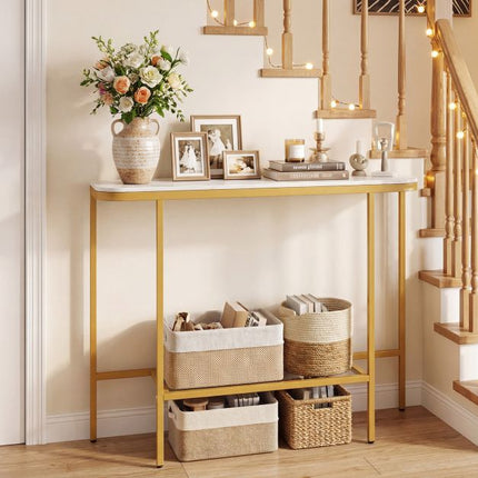 Console de canapé, plateau en faux marbre, structure en métal, 110 cm