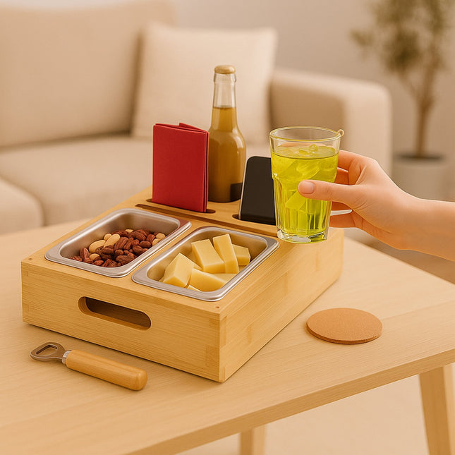 Snackablage für das Sofa mit Untersetzern und Handyhalterung