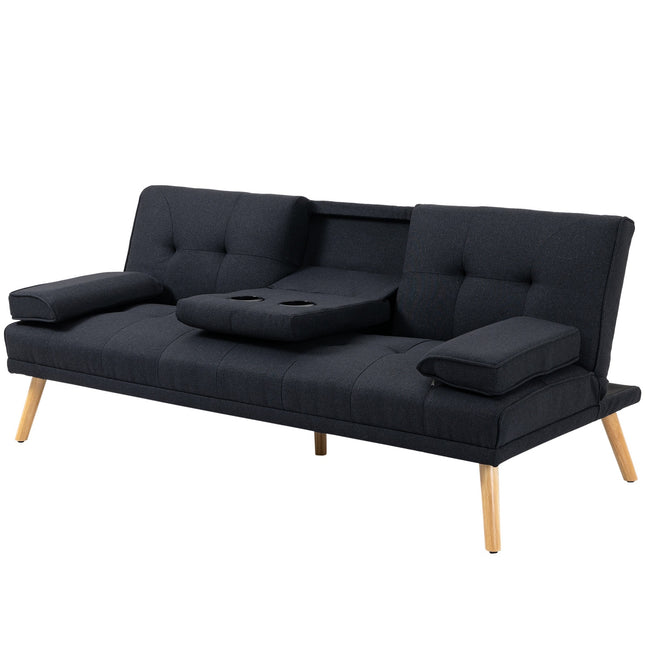 Sofa bed, 3-seater with folding table & cup holder, grey
