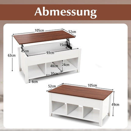 Table basse avec espace de rangement pour plaque relevable et 3 étagères ouvertes, réglable en hauteur 104,5 x 49 x 48-62,5 cm blanc