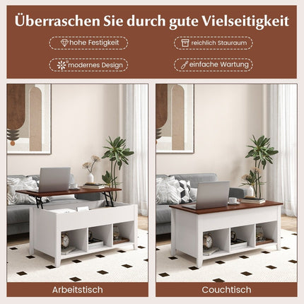 Table basse avec espace de rangement pour plaque relevable et 3 étagères ouvertes, réglable en hauteur 104,5 x 49 x 48-62,5 cm blanc