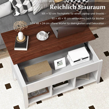 Table basse avec espace de rangement pour plaque relevable et 3 étagères ouvertes, réglable en hauteur 104,5 x 49 x 48-62,5 cm blanc