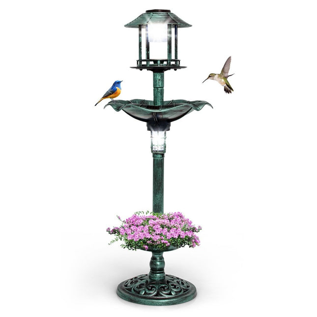 Bain d'oiseaux solaire avec mangeoire et jardinière - 43 x 110 cm Vert