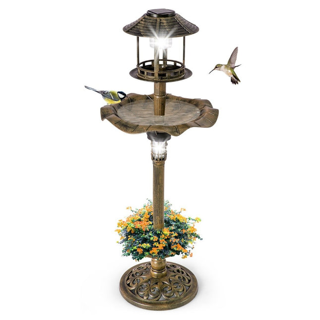 Bain d'oiseaux solaire avec mangeoire et jardinière - Bronze, Ø43x110 cm