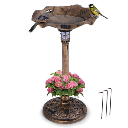 Solar-Vogelbad mit LED-Licht, Futterspender & Pflanzgefäß, Bronze, Ø43x76cm