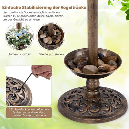 Solar-Vogelbad mit LED-Licht, Futterspender & Pflanzgefäß, Bronze, Ø43x76cm