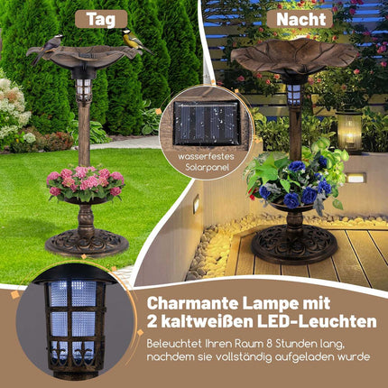 Solar-Vogelbad mit LED-Licht, Futterspender & Pflanzgefäß, Bronze, Ø43x76cm