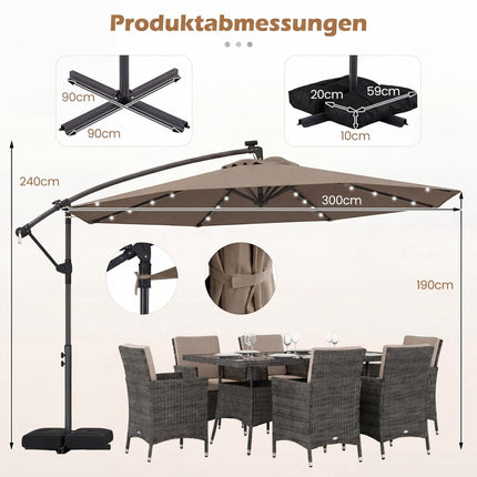Solar-LED-Ampelschirm, 360° drehbar, braun, 300x240 cm
