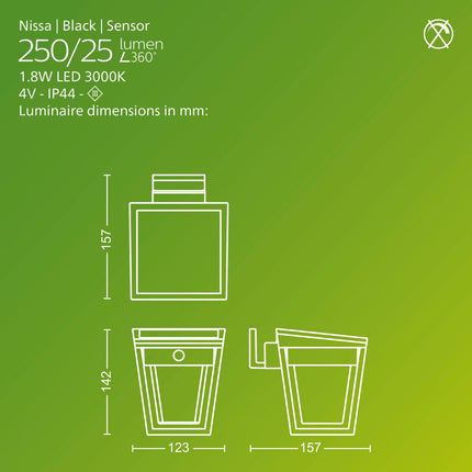 Solar-LED-Wandleuchte, zwei Helligkeitsstufen, Schwarz, IP44