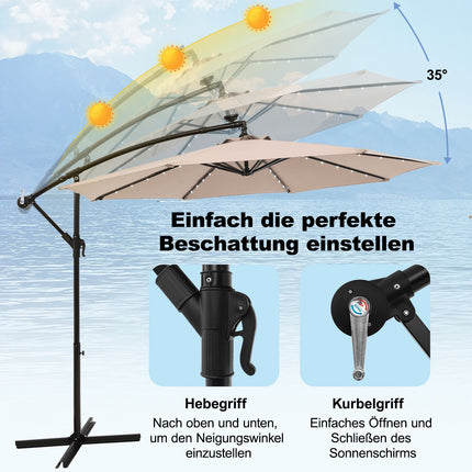 Parasol solaire de terrasse avec 40 lumières LED, beige, 300 cm