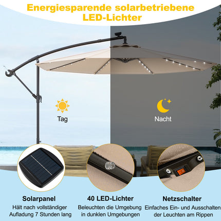 Parasol solaire de terrasse avec 40 lumières LED, beige, 300 cm