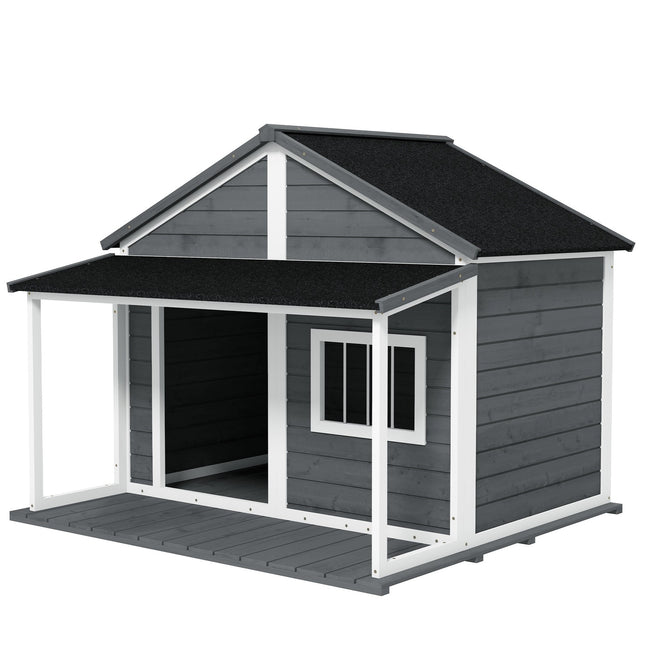 Niche Pour Chien En Bois Massif, Niche Pour Petits Animaux, Avec Terrasse, Toit En Asphalte, Cabane Extérieure Résistante Aux Intempéries Pour L'Extérieur, Gris, 124 X 112 X 105 Cm