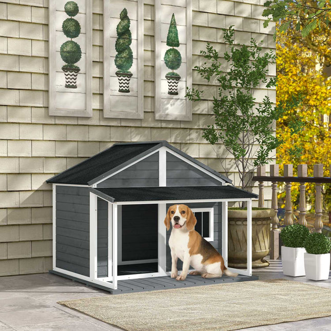 Niche Pour Chien En Bois Massif, Niche Pour Petits Animaux, Avec Terrasse, Toit En Asphalte, Cabane Extérieure Résistante Aux Intempéries Pour L'Extérieur, Gris, 124 X 112 X 105 Cm
