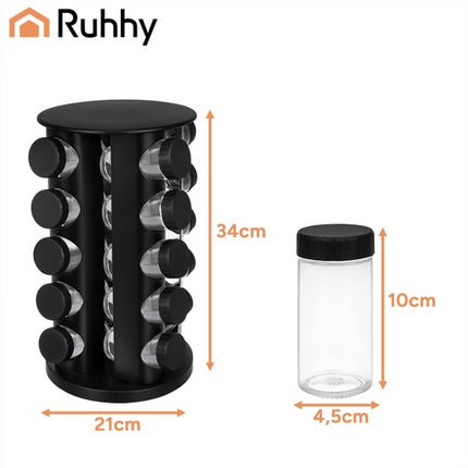Ensemble de 20 pots à épices en verre avec support rotatif