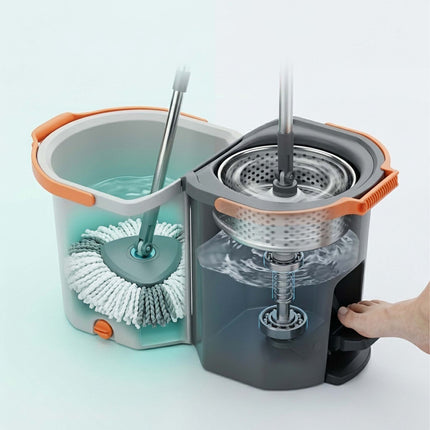 Ensemble balai essoreur avec seau, système à double compartiment