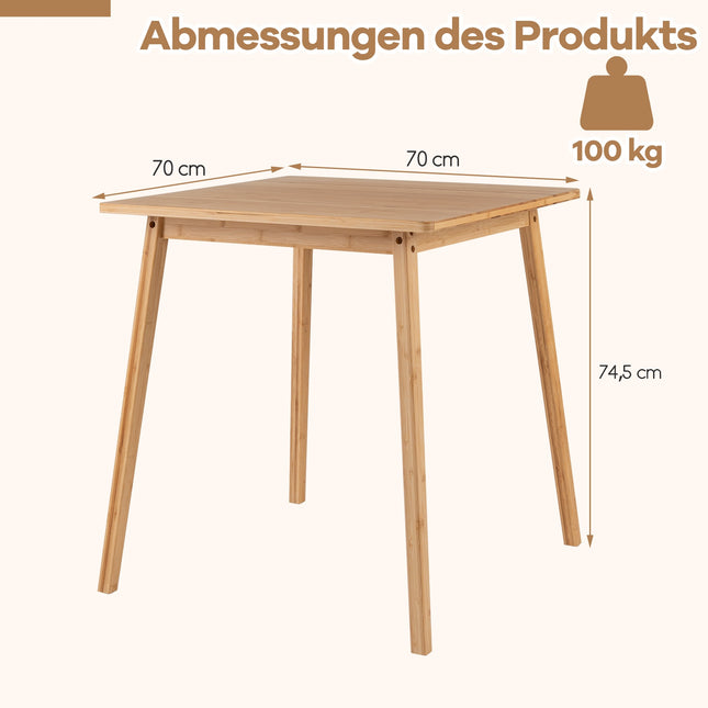 Table de salle à manger carrée en bambou 70x70 cm pour 2 à 4 personnes