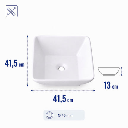 Lavabo carré en céramique, 41,5 cm, sans trou pour robinetterie
