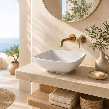 Lavabo carré en céramique, 41,5 cm, sans trou pour robinetterie