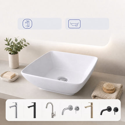 Lavabo carré en céramique, 41,5 cm, sans trou pour robinetterie