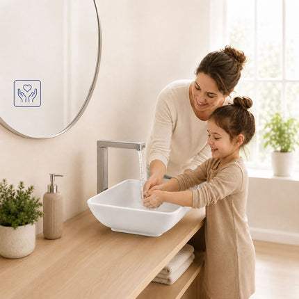 Lavabo carré en céramique, 41,5 cm, sans trou pour robinetterie