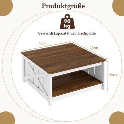 Table basse carrée avec rangement, 78 cm, blanc et marron