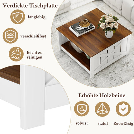 Table basse carrée avec rangement, 78 cm, blanc et marron