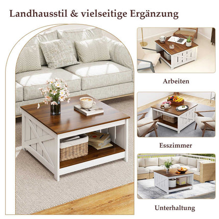 Table basse carrée avec rangement, 78 cm, blanc et marron