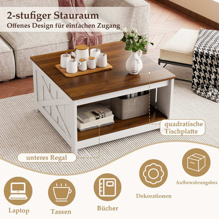Table basse carrée avec rangement, 78 cm, blanc et marron