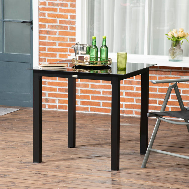 Table De Jardin Carrée 4 Personnes Table De Patio Plateau En Verre Trempé Aluminium Noir 80X80X74Cm