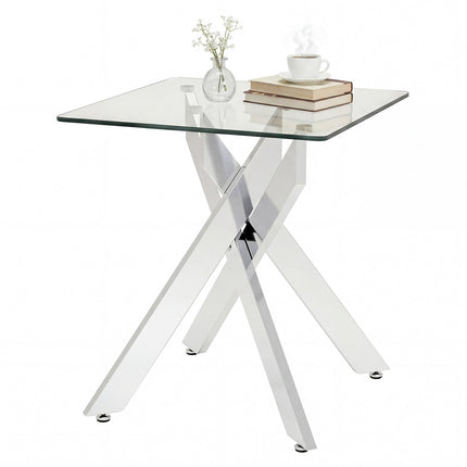 Quadratischer Beistelltisch aus Glas mit Metallrahmen, Silber